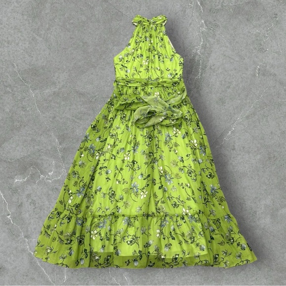 IEENA for Mac Duggal Green Floral Print High-Neck A-Line Midi Dress - Picture 5 of 7